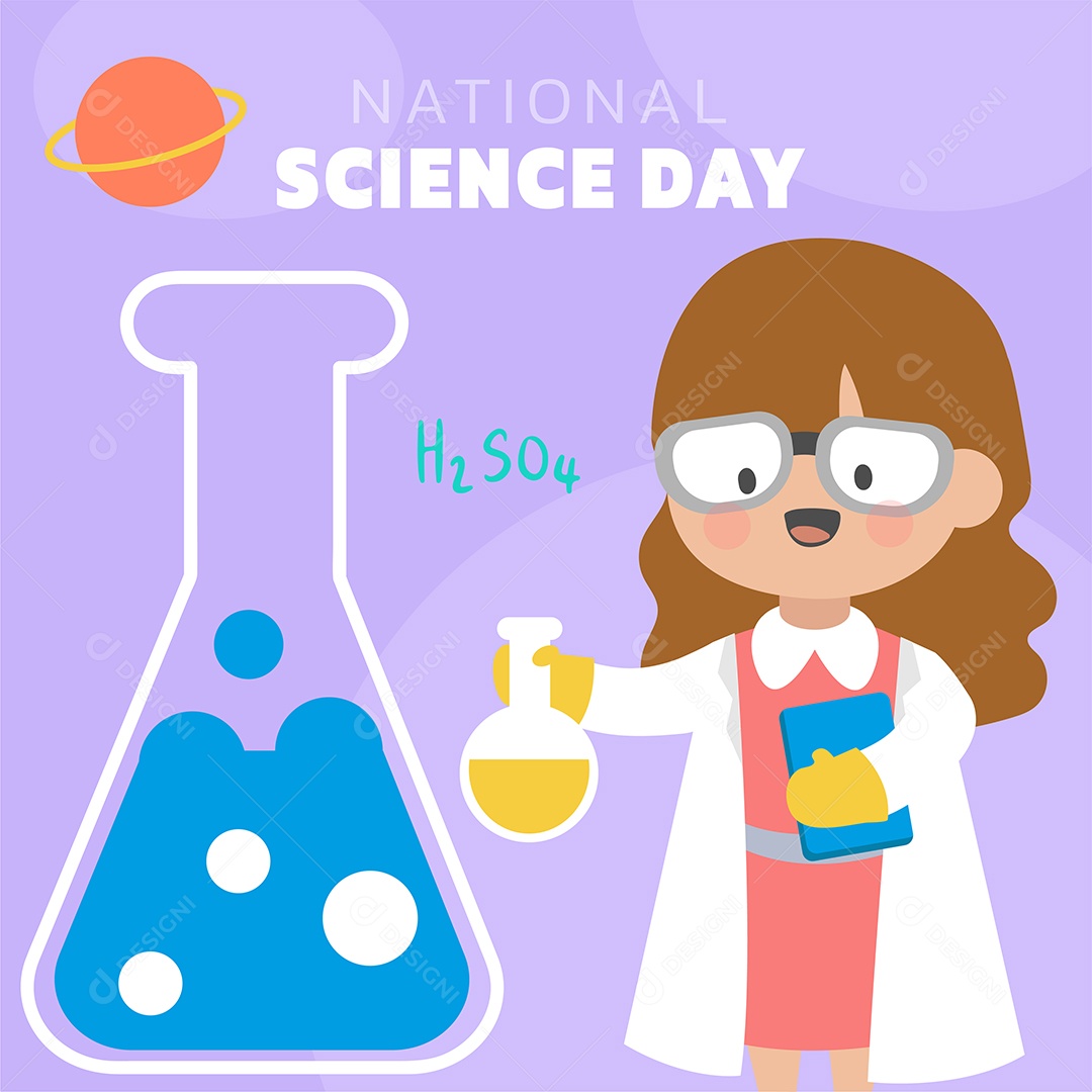 Cientista Mulher no Dia Nacional da Ciência com Equipamento estilo Cartoon Vetores EPS