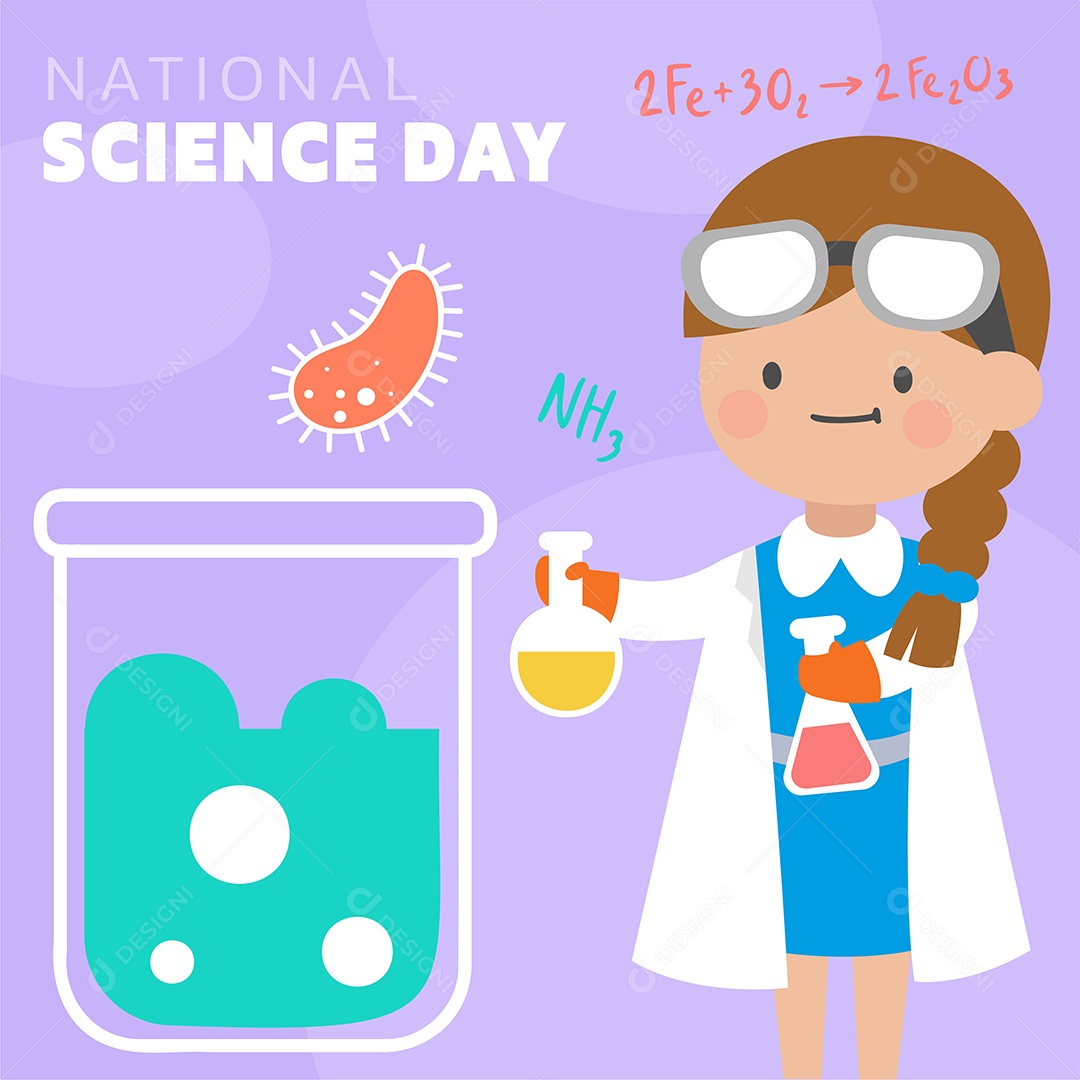 Cientista Mulher no Dia Nacional da Ciência com Equipamento estilo Cartoon Vetores EPS
