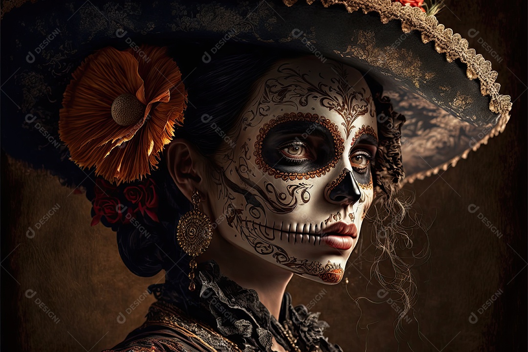 Ilustração 3D de uma linda mulher vestida para o Dia dos Mortos mexicano.