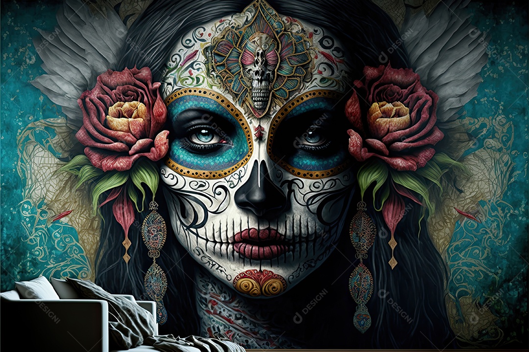 Ilustração 3D de uma linda mulher vestida para o Dia dos Mortos mexicano.
