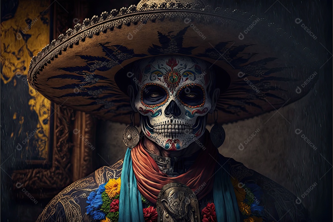 Ilustração 3D de um homem vestido para o Dia dos Mortos no México.