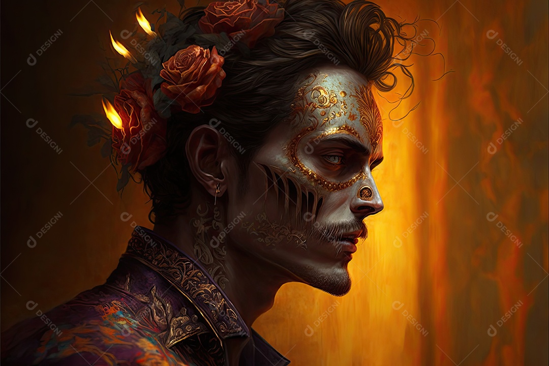 Ilustração 3D de um homem vestido para o Dia dos Mortos no México