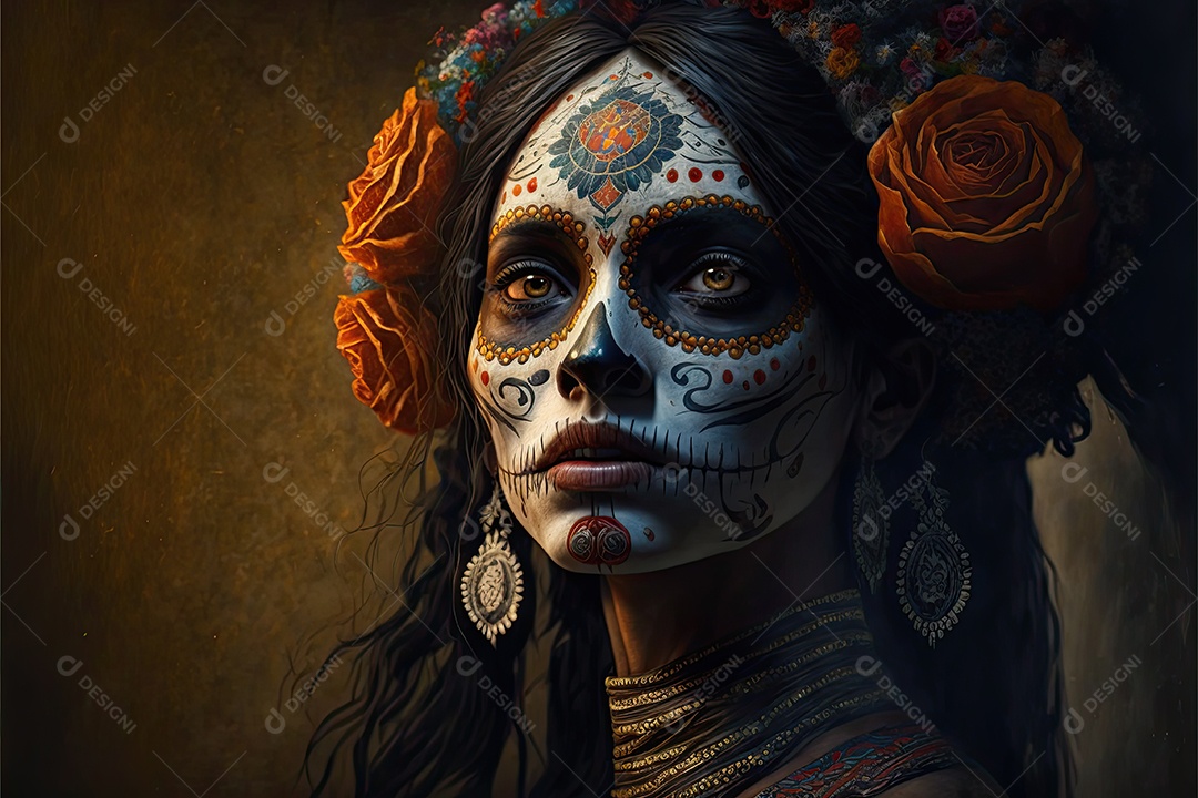 Ilustração 3D de uma linda mulher vestida para o Dia dos Mortos mexicano.