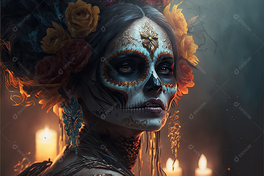 Ilustração 3D de uma linda mulher vestida para o Dia dos Mortos mexicano.