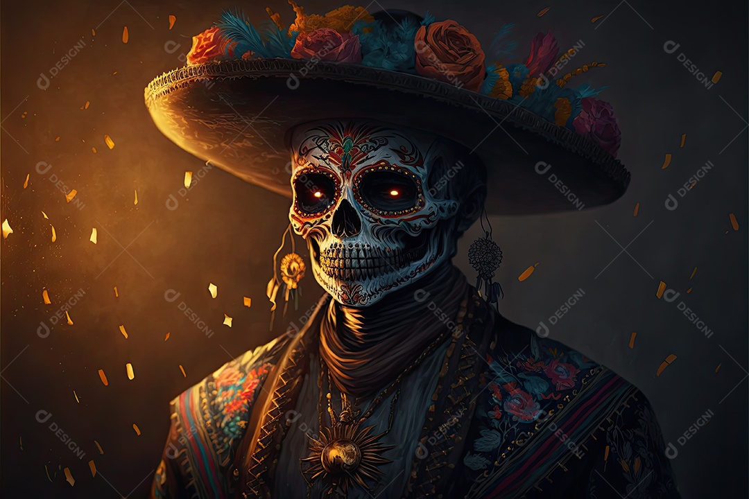 Ilustração 3D de um homem vestido para o Dia dos Mortos no México