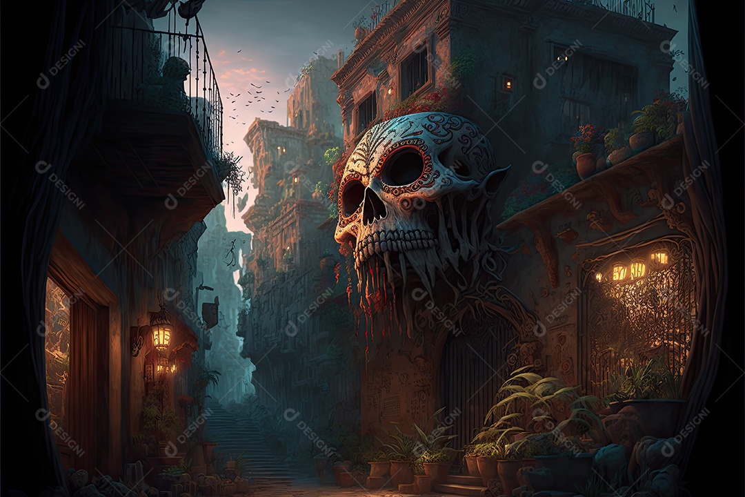 ilustração da cidade de fantasia para o dia mexicano dos mortos.