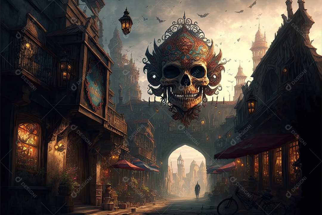 ilustração da cidade de fantasia para o dia mexicano dos mortos.