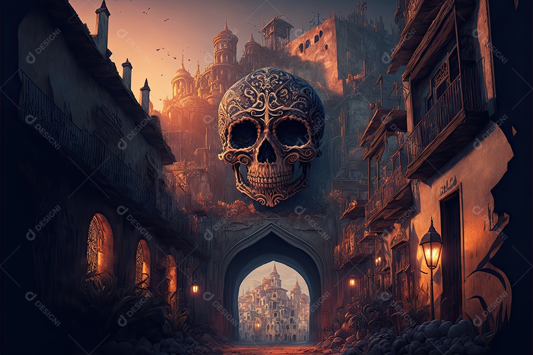 ilustração da cidade de fantasia para o dia mexicano dos mortos.