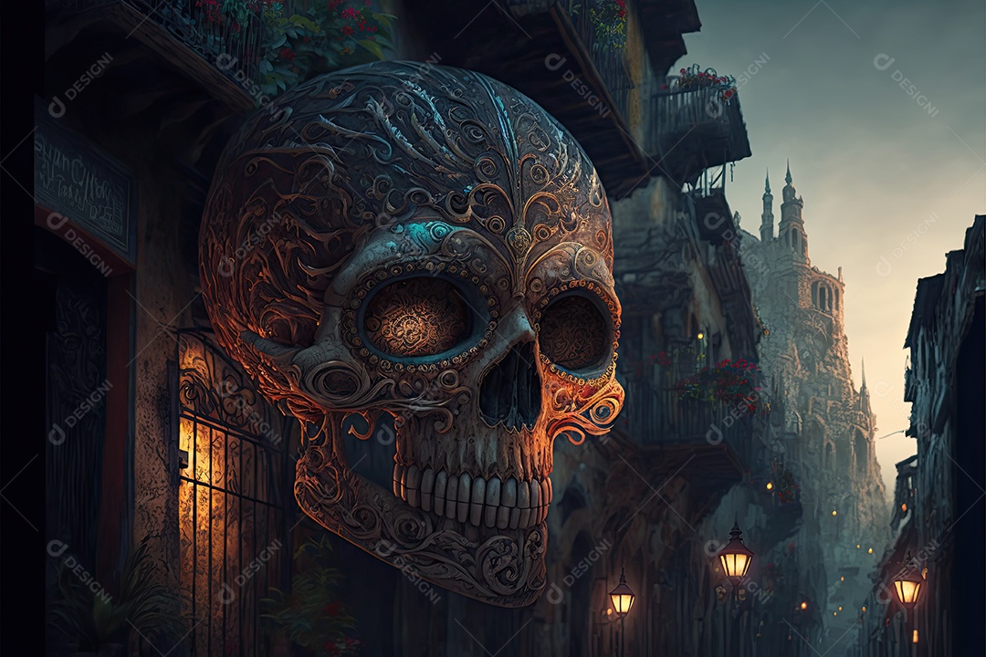 fantasy city illustration for mexican day of the dead.