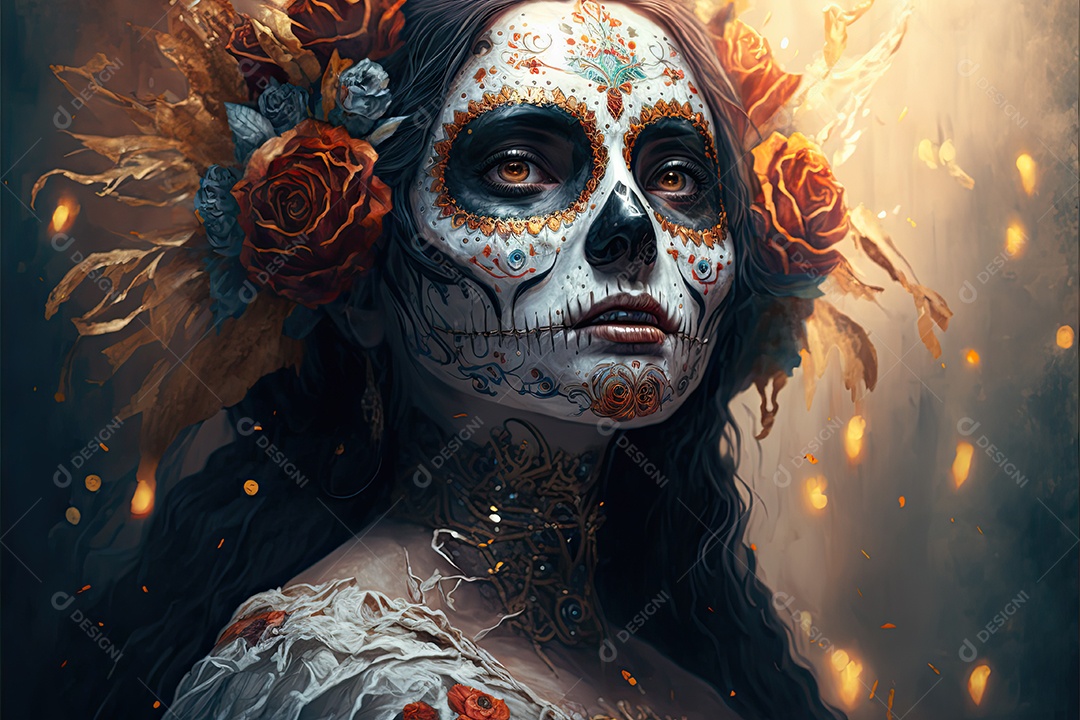 Ilustração 3D de uma linda mulher vestida para o Dia dos Mortos mexicano.
