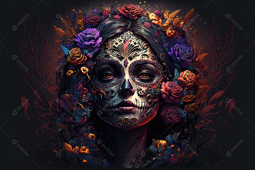 Ilustração 3D de uma linda mulher vestida para o Dia dos Mortos mexicano.