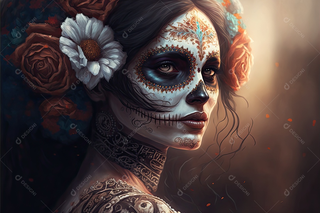 Ilustração 3D de uma linda mulher vestida para o Dia dos Mortos mexicano.