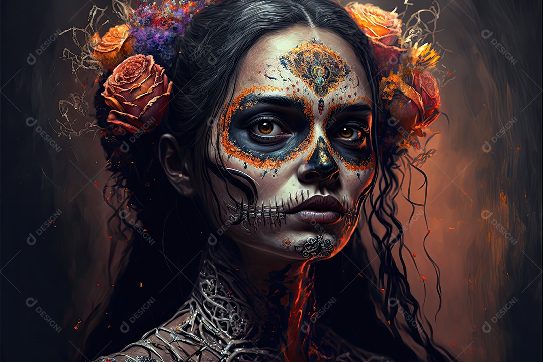 Ilustração 3D de uma linda mulher vestida para o Dia dos Mortos mexicano.