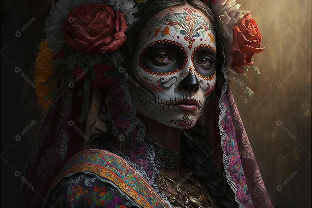 Ilustração 3D de uma linda mulher vestida para o Dia dos Mortos mexicano.