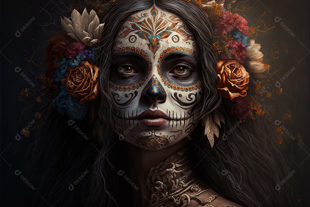 Ilustração 3D de uma linda mulher vestida para o Dia dos Mortos mexicano.