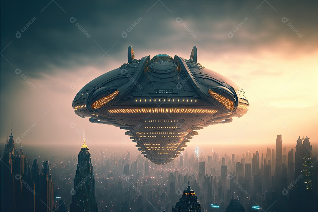 Ilustração de uma nave alienígena gigante sobre uma cidade