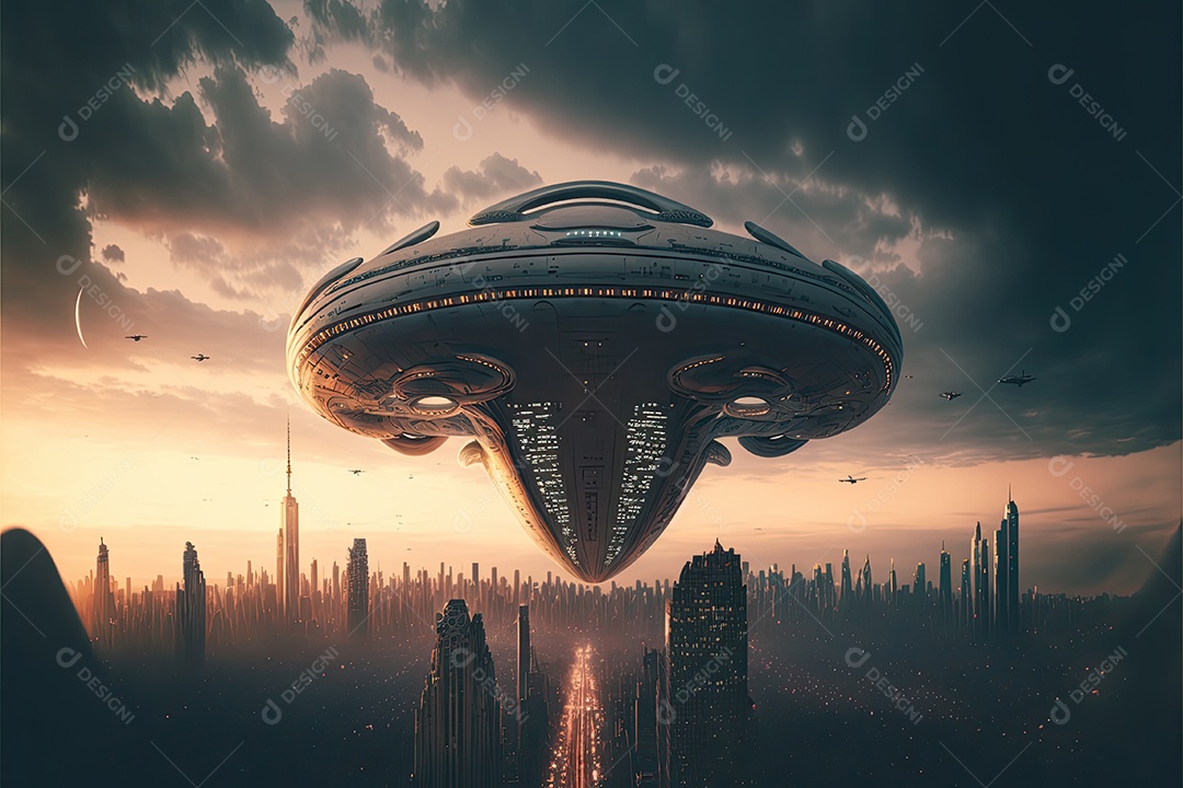 Ilustração de uma nave alienígena gigante sobre uma cidade