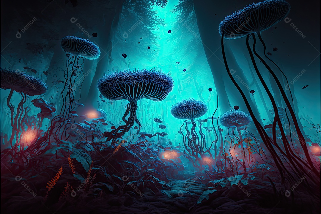 ilustração de uma floresta alienígena