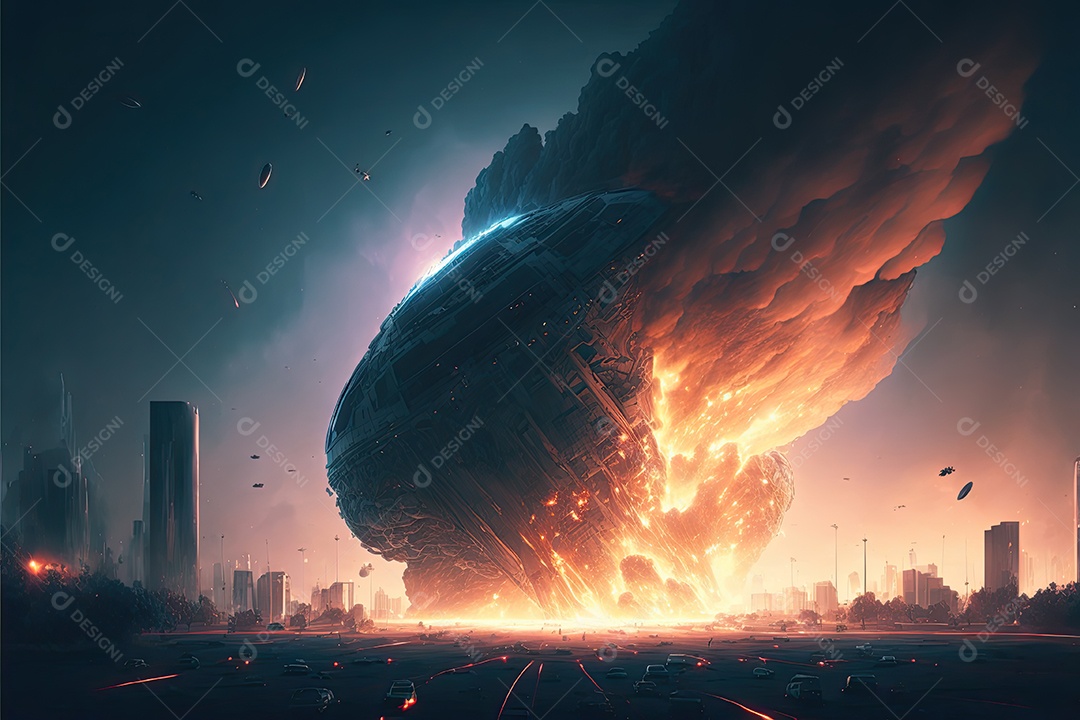 Ilustração de uma nave alienígena gigante atacando uma cidade