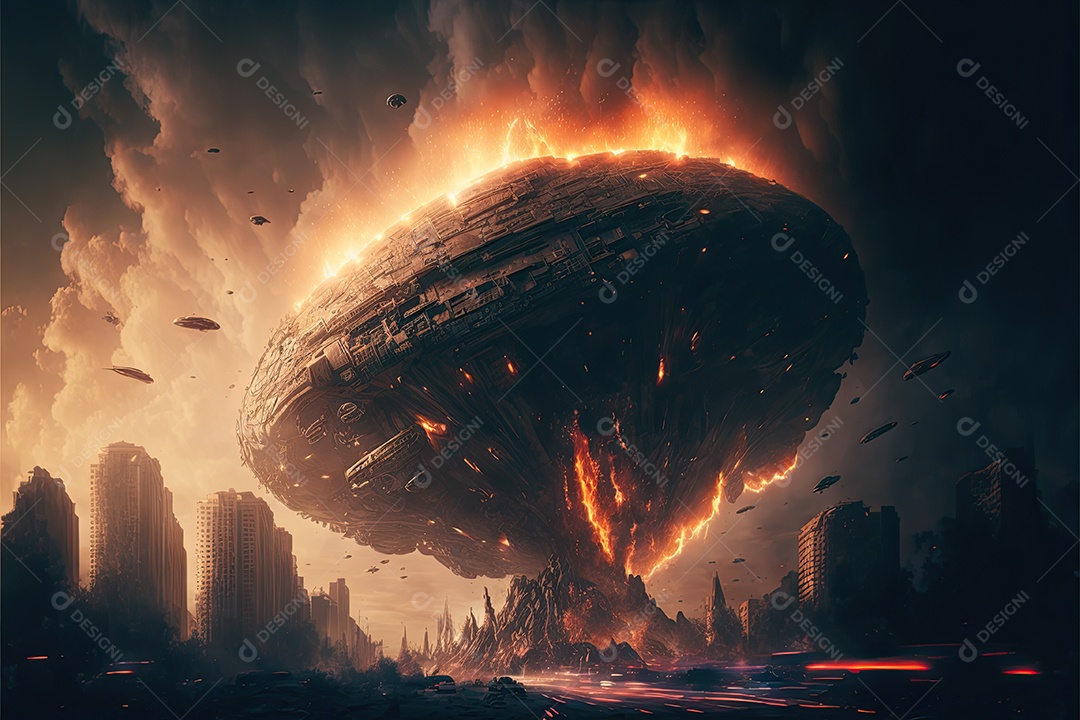 Ilustração de uma nave alienígena gigante atacando uma cidade