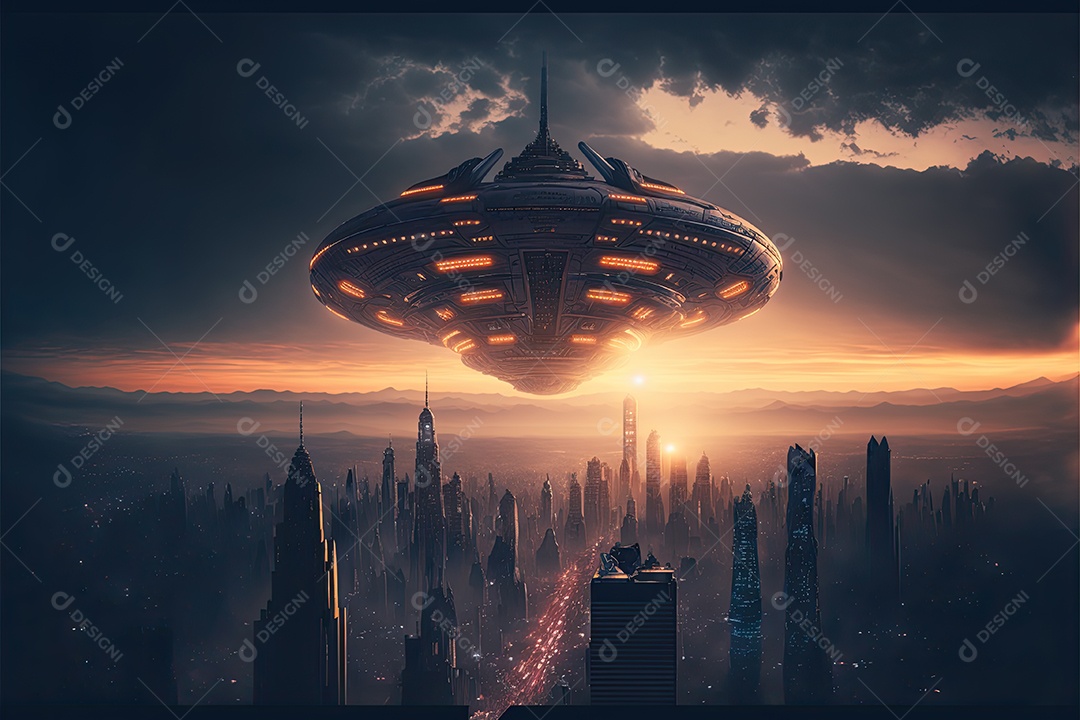 Ilustração de uma nave alienígena gigante atacando uma cidade