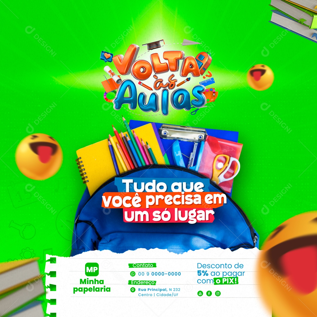 Campanha Publicitária Volta às Aulas Papelaria Tudo que Você Precisa Social Media PSD Editável