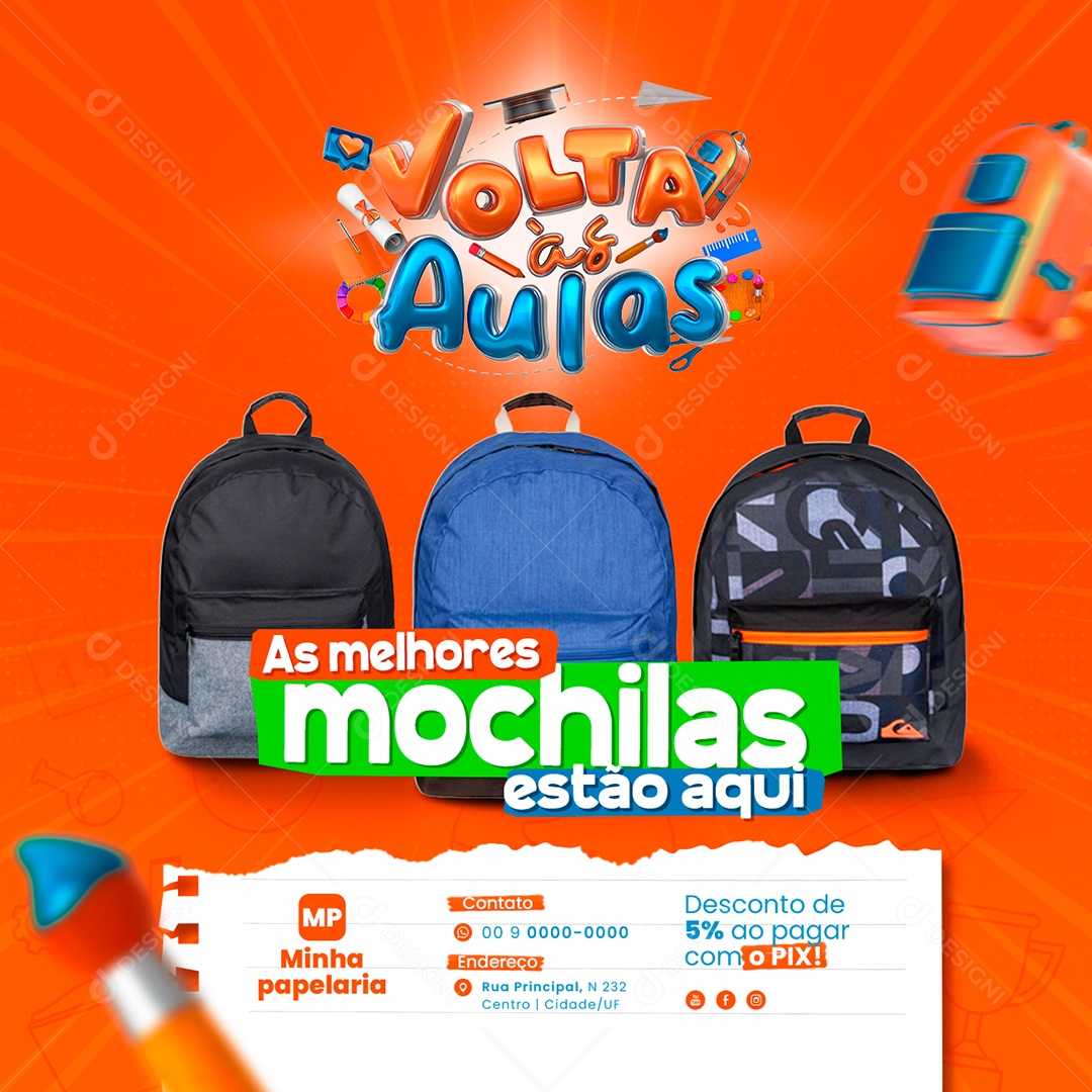 Campanha Publicitária Volta às Aulas Papelaria As Melhores Mochilas Social Media PSD Editável