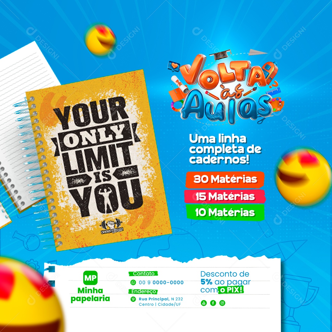 Campanha Publicitária Volta às Aulas Papelaria Uma Linha Completa de Cadernos Social Media PSD Editável