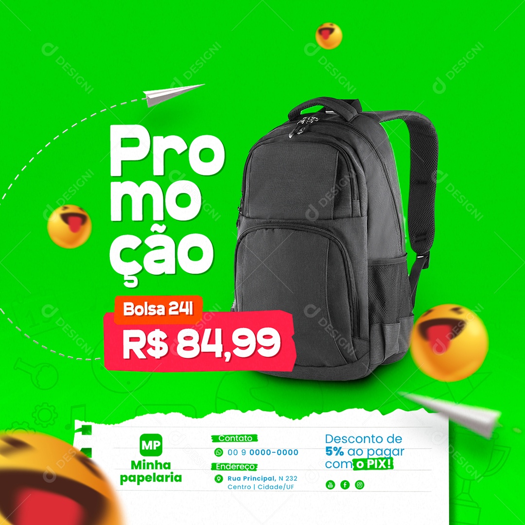 Campanha Publicitária Volta às Aulas Papelaria Promoção Bolsa 241 Social Media PSD Editável