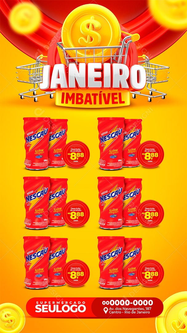 Encarte Janeiro Imbatível Achocolatado Nescau Social Media PSD Editável