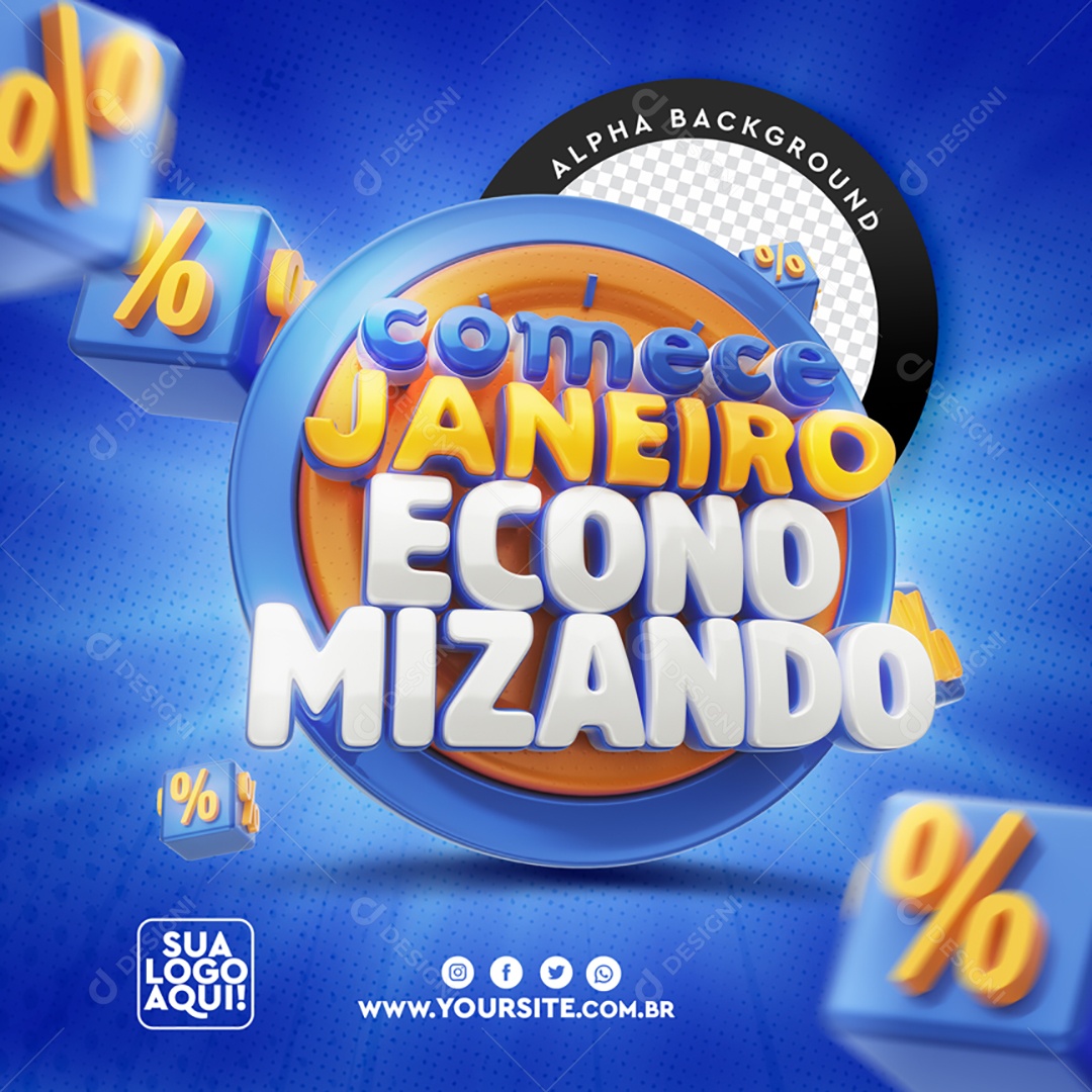Selo 3D Para Composição Comece Janeiro Economizando PSD