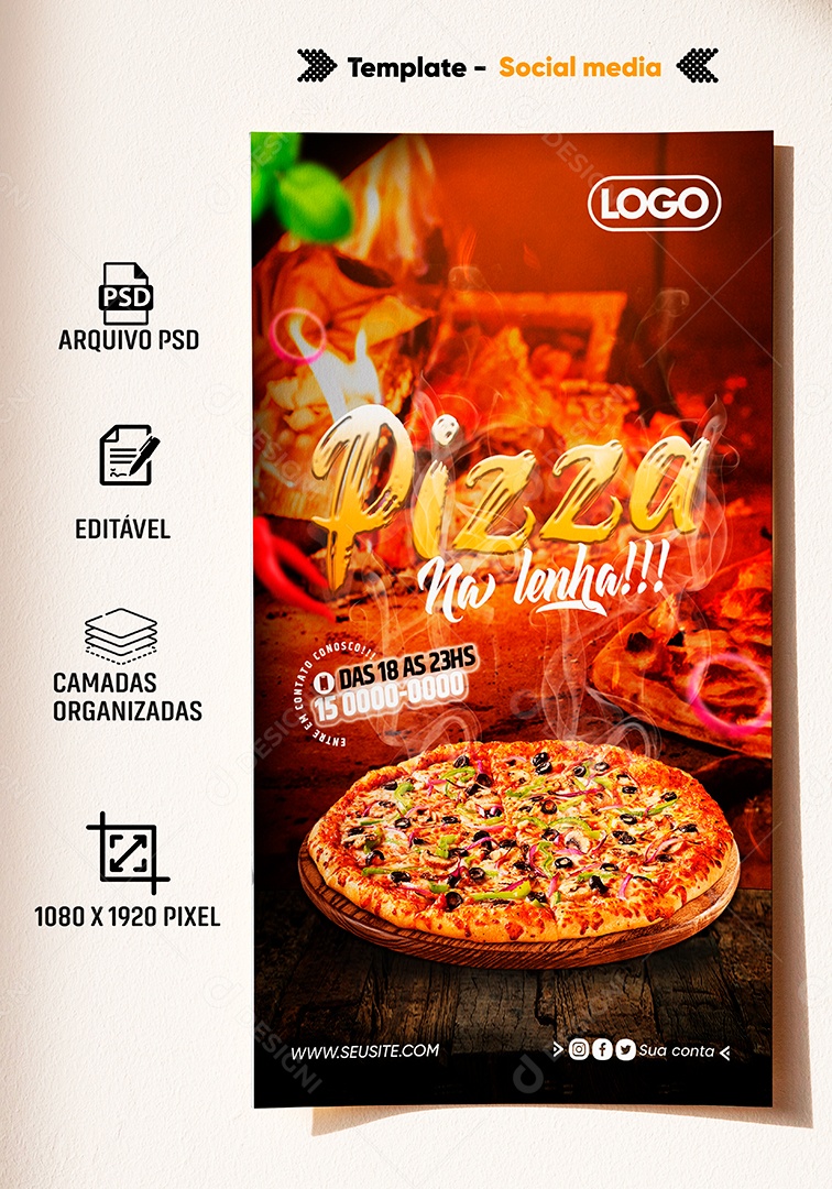Post Stories Pizzaria Pizza Na Lenha Social Media PSD Editável