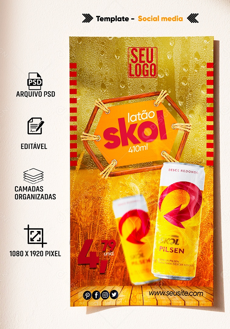 Post Bebidas Cervejas Skol Latão Social Media PSD Editável