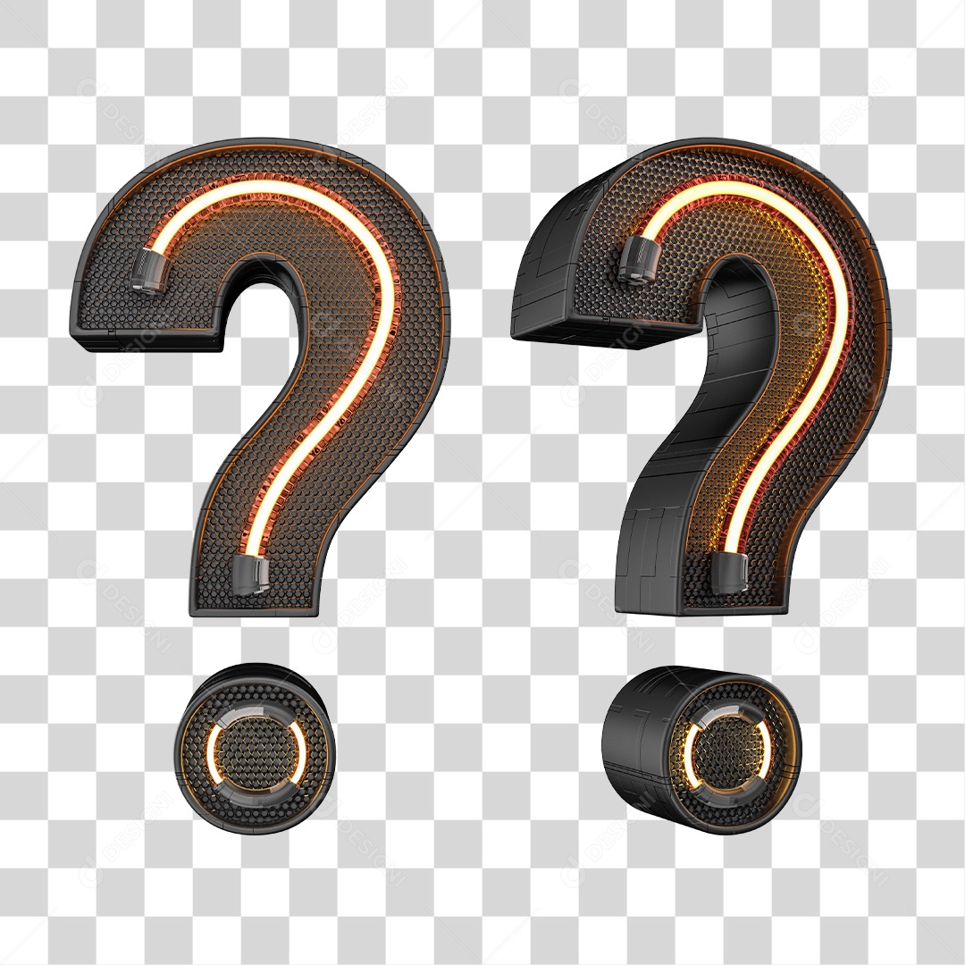 Símbolo de Ponto de Interrogação Preto Neon Elemento 3D PNG Transparente