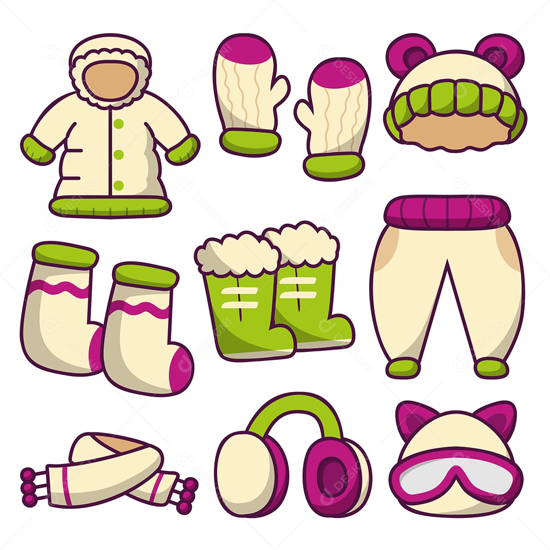 Conjunto de ícones de moda de inverno de roupas e acessórios EPS