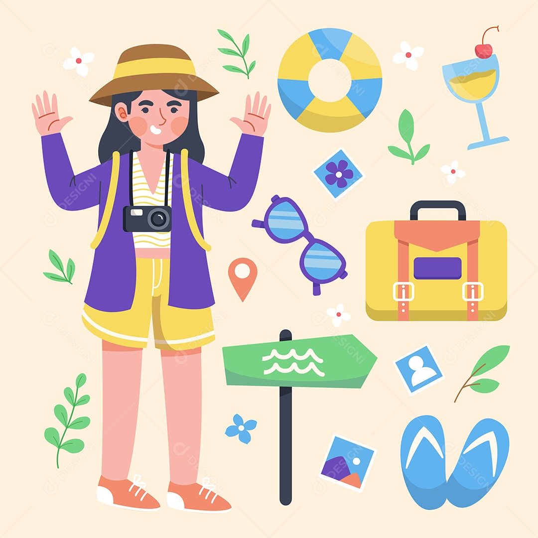 Viagem de férias de verão e turismo Personagem e elementos Vetor EPS