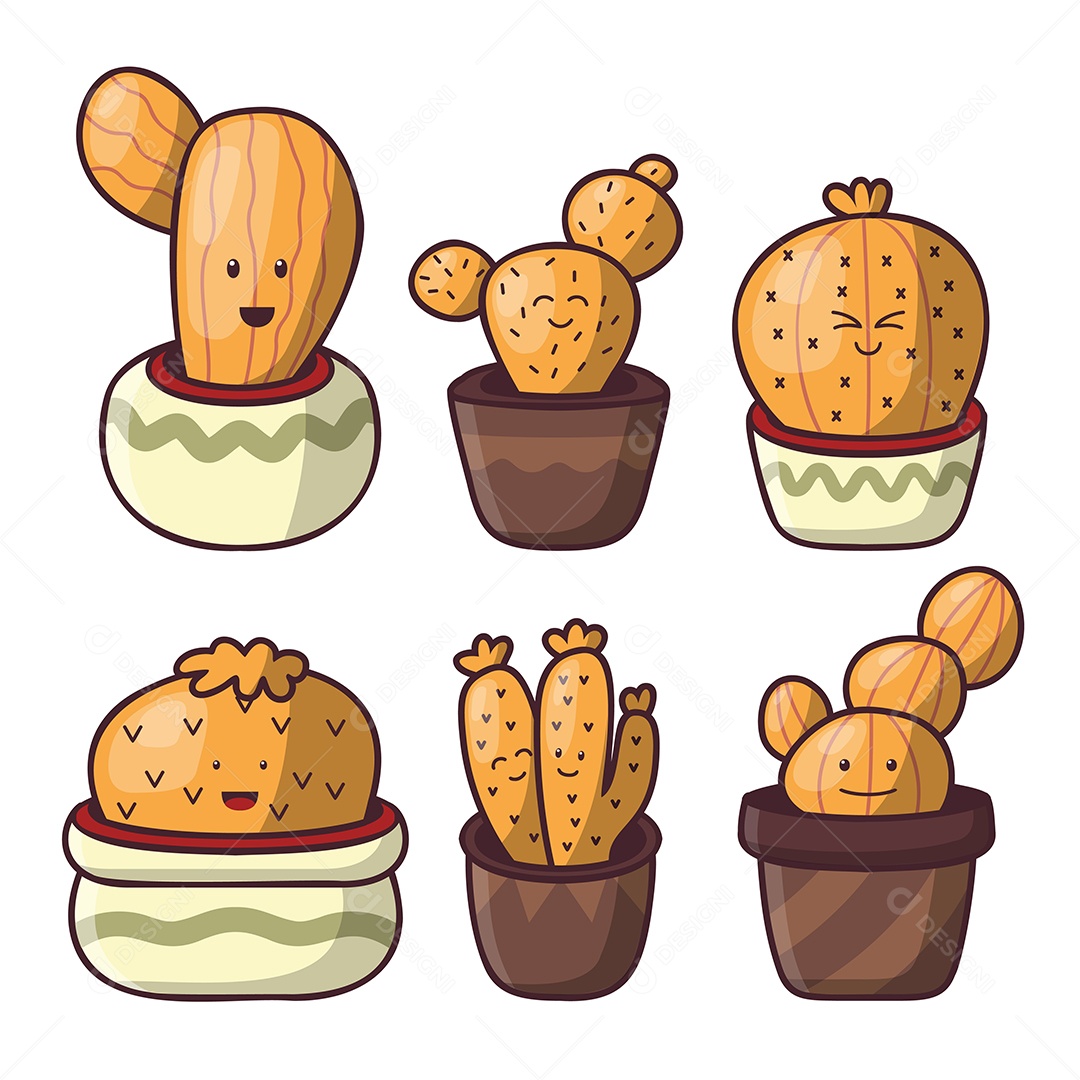 Conjunto de cactos fofos em pote com muita Emoção Vetor EPS