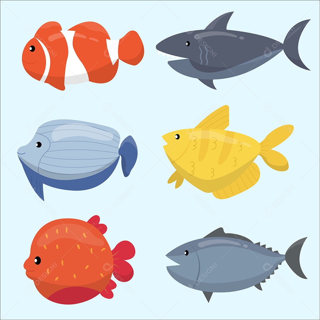 Conjunto de vários tipos de peixes submarinos em personagem de desenho animado Vetor EPS