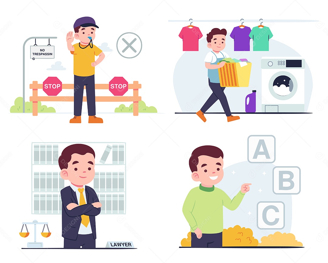 Conjunto de jovem com personagem de desenho animado de várias atividades Vetor EPS