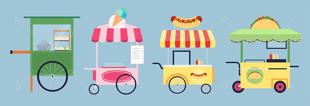 Um conjunto de várias barracas de comida que vendem diferentes tipos de comida Vetor EPS