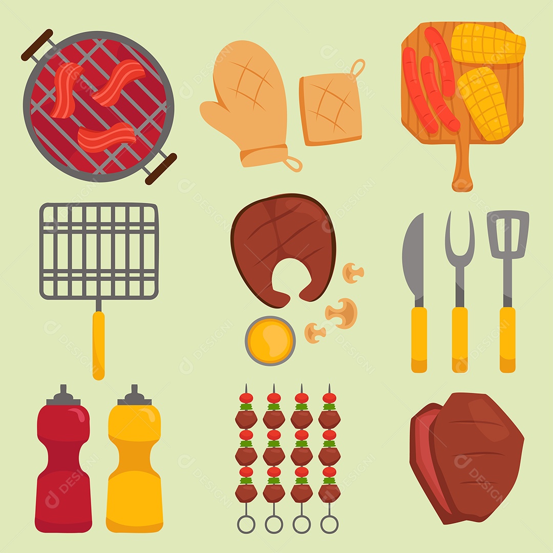 Conjunto de grelhados e equipamentos em estilo cartoon Vetor EPS