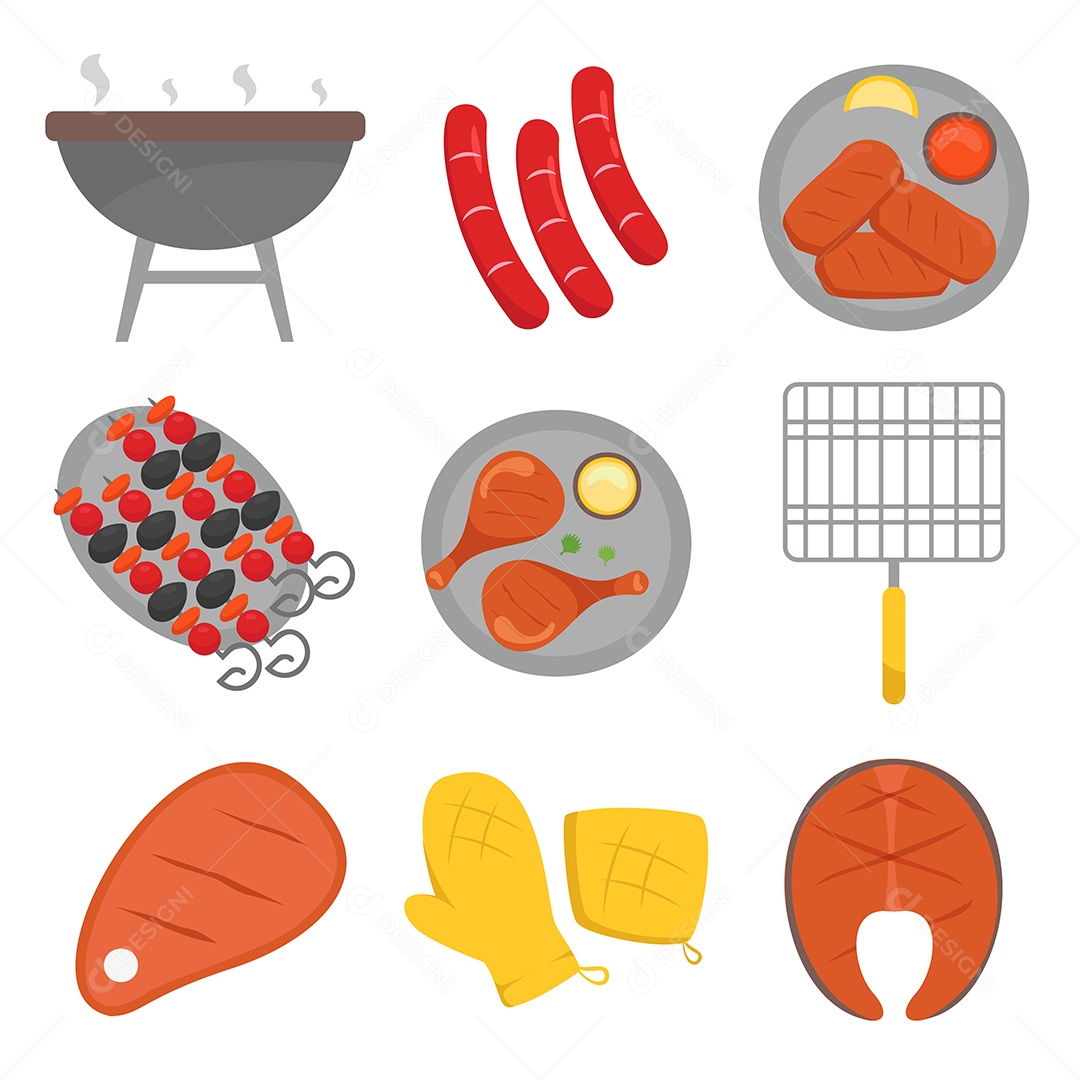 Conjunto de grelhados e equipamentos em estilo cartoon Vetor EPS