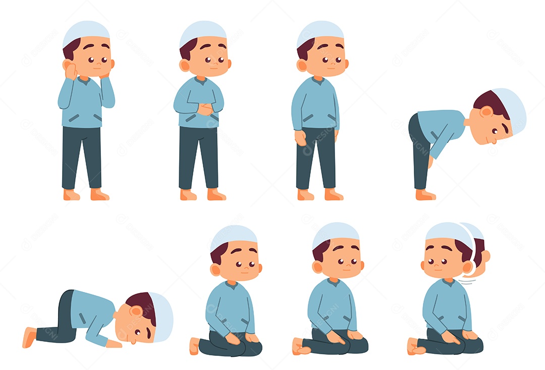 A Oração dos Jovens muçulmanos veste roupas tradicionais orando por Allah Vetor EPS