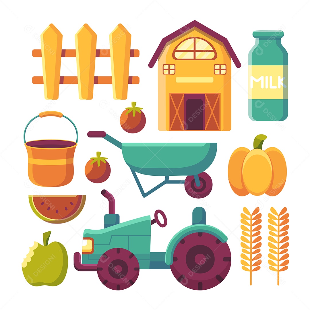 Conjunto de elemento de objeto com equipamento de jardim ou fazenda Vetor EPS