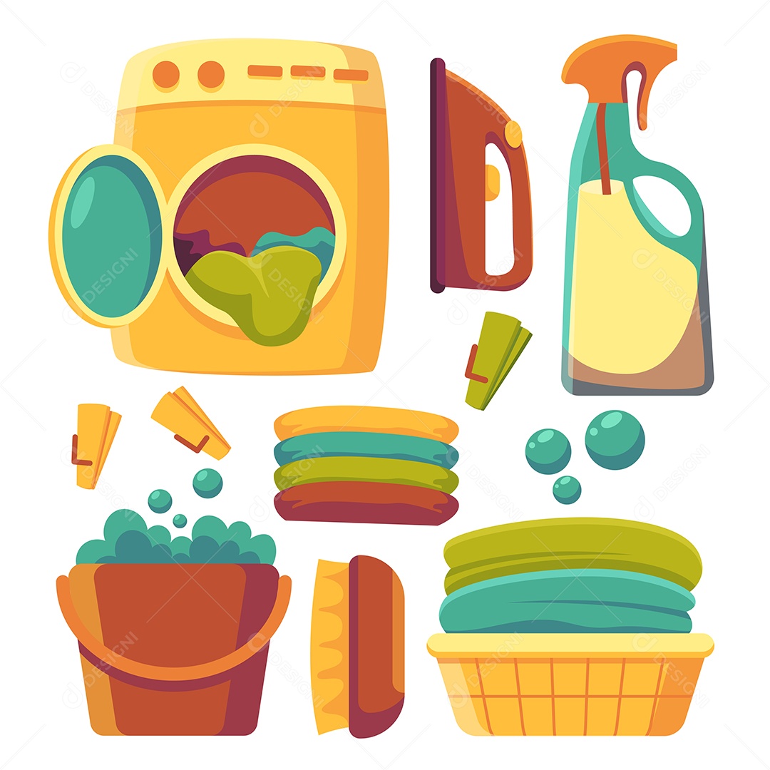 Conjunto de equipamentos de lavanderia profissional de dona de casa Vetor EPS