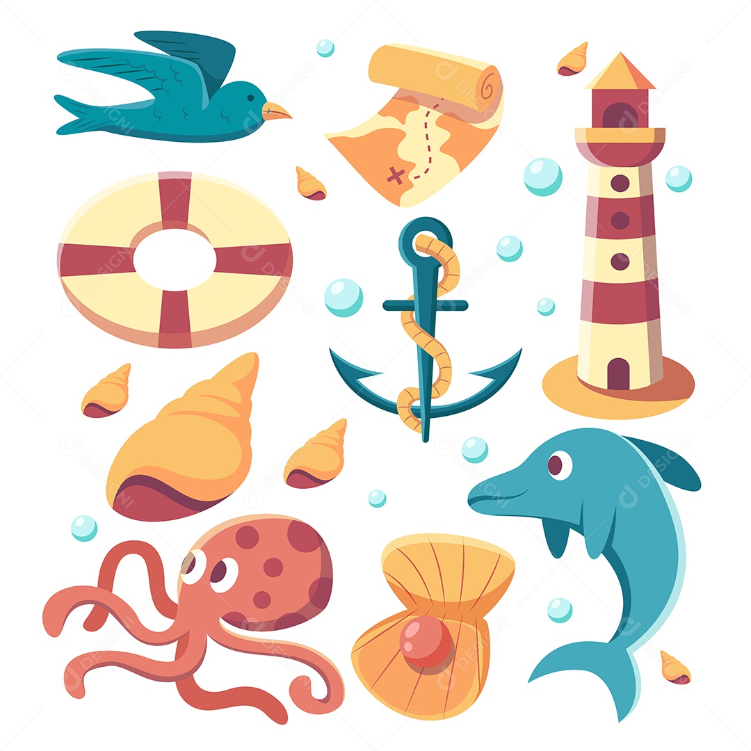 Elementos náuticos e farol. Elemento fofo da vida marinha Animal Vetor EPS