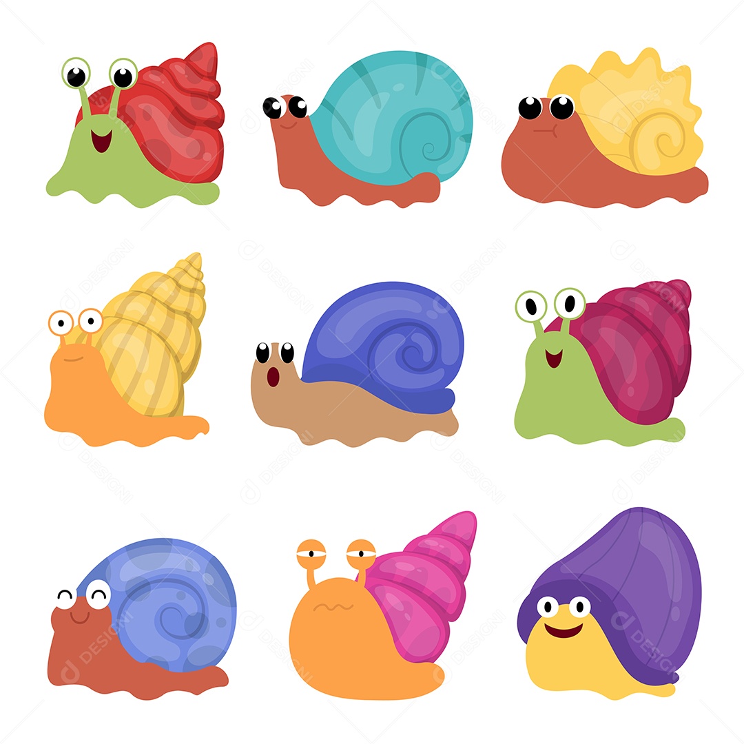 Conjunto de caracol fofo em personagem de desenho animado de cor diferente Vetores EPS