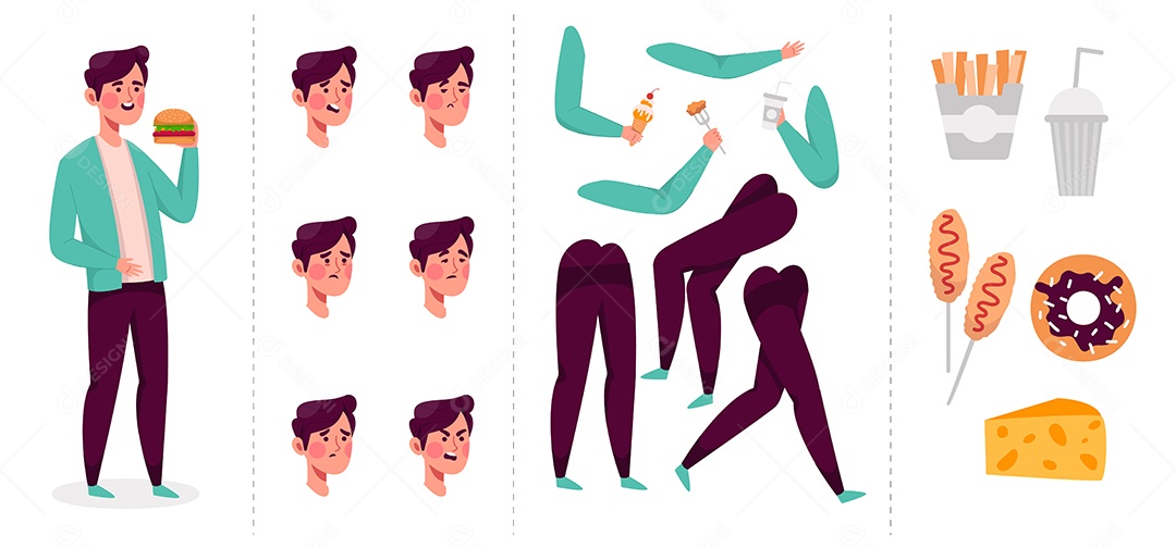 Personagem Jovem e conjunto de criação de refeições e bebidas Vetor EPS