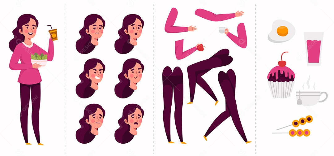 Personagem Jovem e conjunto de criação de refeições e bebidas Vetor EPS