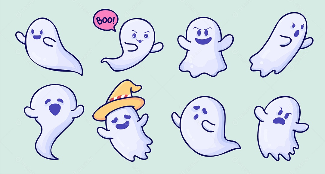 Conjunto de adorável fantasma de bebê com várias emoções vetor Vetor EPS